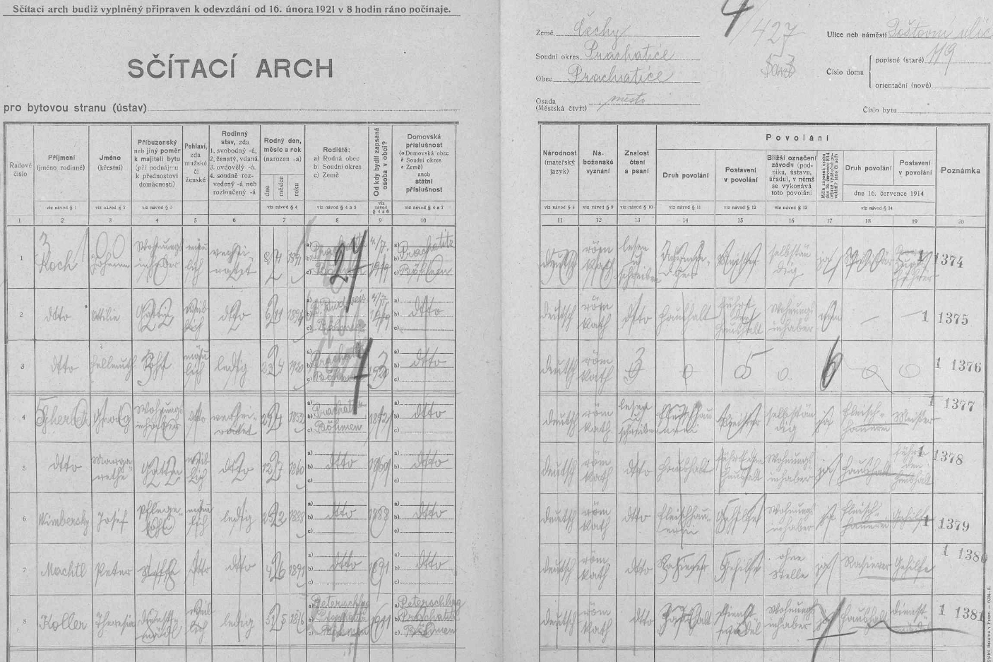 Jeden z archů sčítání lidu z roku 1921 pro dům čp. 119 v prachatické Poštovní ulici, kde mj. žil se svými pěstouny Georgem (*24. dubna 1852 v Prachaticích) a Margarethe (*12. července 1860 v Prachaticích) Gherbetzovými jako jejich svěřenec a řeznický pomocník v pěstounově živnosti tehdy ještě svobodný Josef Wimbersky (25. února 1888 v Prachaticích)