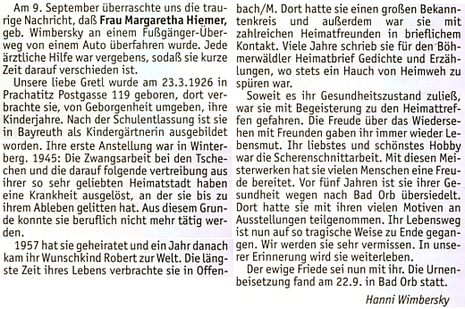 Pokud se v tomto nekrologu Johanna Wimbersky nemýlí, její rodný dům stojí v Poštovní ulici dodnes a poválečná zpráva o jeho zboření byla mylná