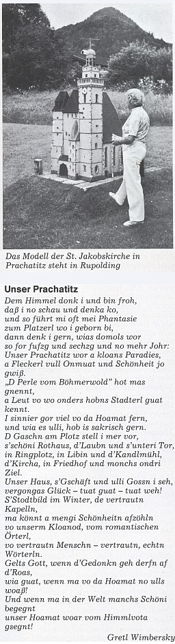 Snímek modelu prachatické "jakubské věže" v bavorském Rupoldingu tu doprovází její nářeční báseň o rodném městě