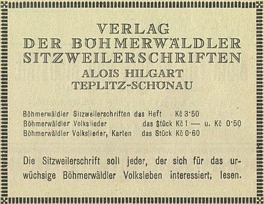 Inzerát (1929) na jeho nakladatelství v šumavském průvodci budějovického Böhmerwaldbundu