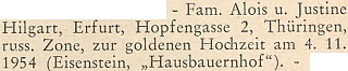 Blahopřání ke zlaté svatbě Aloise a Justiny Hilgartových do východoněmeckého Erfurtu
na stránkách krajanského měsíčníku z podzimu roku 1954