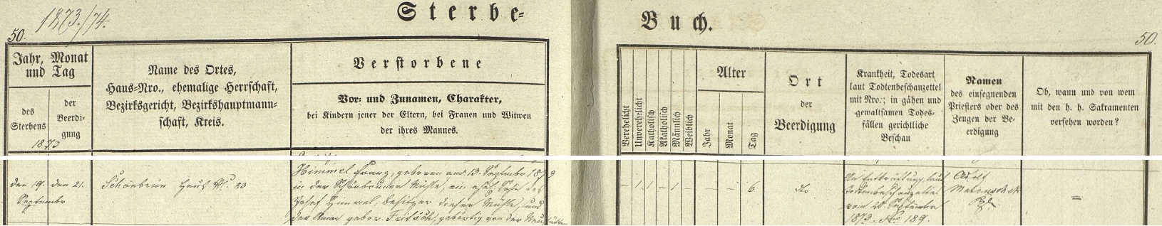 Záznam úmrtní matriky někdejší obce Studánka o úmrtí jejího dědečka Franze Himmela