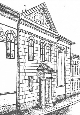Synagoga ve Volyni, kde před odchodem do Českého Krumlova působil jako rabín, na kresbě Aleše Krejči a dnes (2012), kdy tu sídlí "Disco Caribic"
