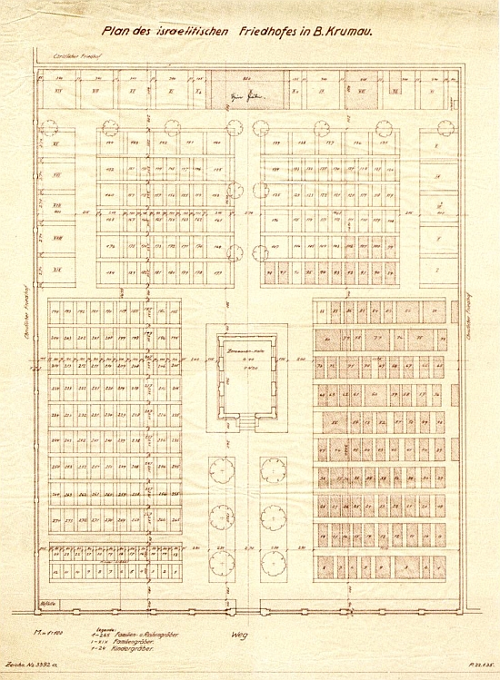 Plán židovského hřbitova v Českém Krumlově s navženým rozvržením hrobových míst