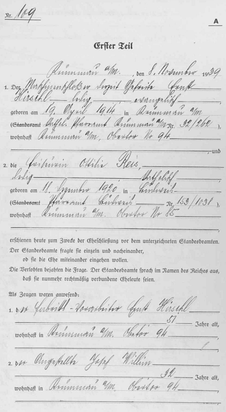 Záznam stavovské matriky o svatbě jeho syna Ernsta v "Krummau and der Moldau" 8. listopadu 1939