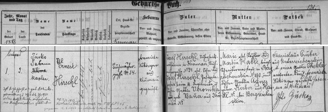 Křestní matrika uvádí vedle data jeho narození v Soukenické ulici v Českém Krumlově a data křtu den nato také přípis o Hirschlově vystoupení z církve v roce 1921 (souvisí to zřejmě i se vznikem KSČ) po němž zůstal "konfessionslos", tj. "bez vyznání"