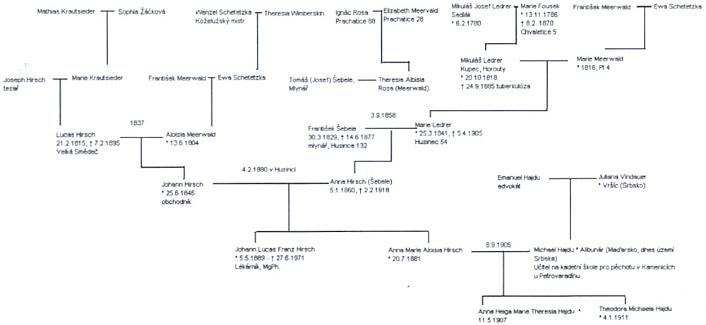 Pětigenerační vývod rodiny Johanna Hirsche, do něhož byli zahrnuti rodiče manžela Anny Hajdu, roz. Hirschové, a její potomci