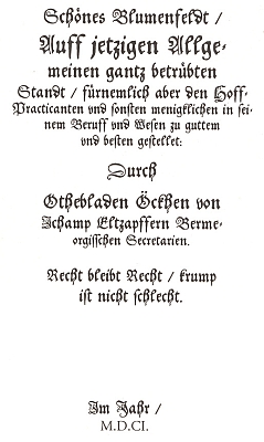 Titulní list (1601) původního vydání sbírky Schönes Blumenfeld - ze šesti zachovaných exemplářů se v Česku nachází jediný v knihovně kláštera Teplá