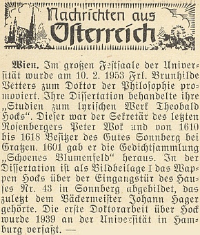 Zpráva krajanského měsíčníku z roku 1953 o vídeňské promoci autorky studie o jeho lyrickém díle Brunhildy Vettersové, která v příloze své disertace otiskla Höckův erb nad vchodem žumberského domu čp. 43, patřícího kdysi mistru pekařskému Johannu Hayerovi