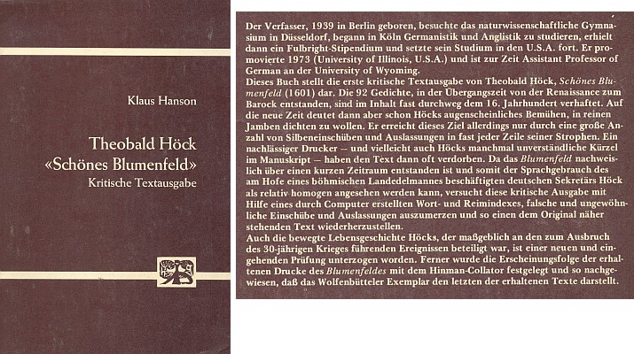 Obálka (1975) prvního kritického vydání jeho básní s charakteristikou díla od Klause Hansona vydaného v Bonnu nakladatelstvím Bouvier