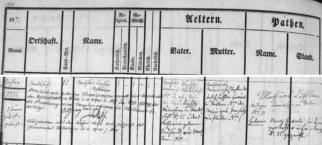 Záznam ve frymburské matrice uvádí datum narození, křtu, přípis o vystoupení z římskokatolické církve v dubnu 1920 a o změně jména v červnu 1941, jakož i jména rodičů Mathiase Lepschyho a matky Marie, roz. Lofflerové z Houžné (babička z otcovy strany byla z Volar a ta z matčiny strany z Blatné u Frymburka)