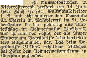 Zpráva o jeho úmrtí v budějovickém německém listě
