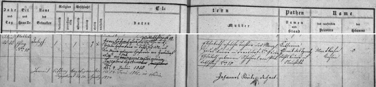 Záznam o jeho narození v křestní matrice farní obce Polná na Šumavě