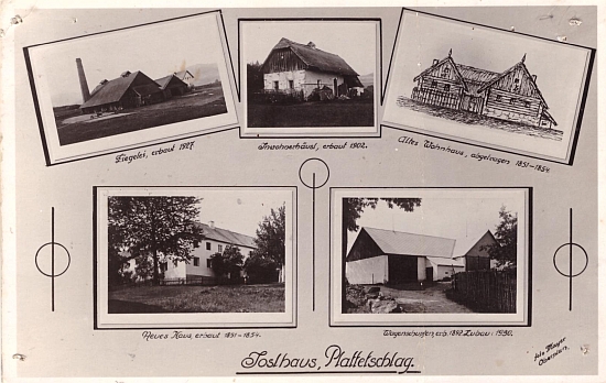 Proměny stavení zvaného "Joslhaus" v Mladoňově na složené pohlednici hornoplánské fotografické firmy Mayer