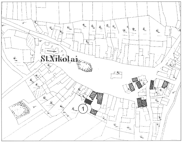 Plánek obce Prostiboř, s číslem 1 je černě vyznačena synagoga, domy patřící v prvé půli devatenáctého století židovským vlastníkům jsou označeny křížkovaně, domy se židovskými nájemníky pak šrafovaně