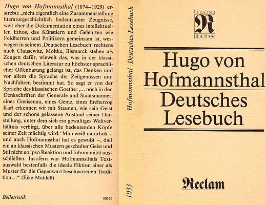 Obálka (1984) jeho "německé čítanky", antologie německé prózy jednoho století (1750-1850), která vyšla poprvé roku 1926 a obnovené vydání zařadilo roku 1984 ve východním Německu jako č. 1033 do své proslulé "Universal Bibliothek" stejně proslulé nakladatelství Phllipp Reclam jun. v Lipsku