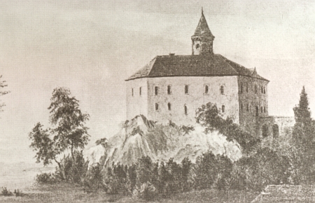 Prostibořský hrad, později zvaný zámek Kopec, ještě s věží zbořenou v roce 1799