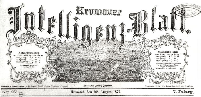 Záhlaví listu "Krumauer Intelligenz-Blatt" ze srpna roku 1877, kde vyšla jeho zpráva