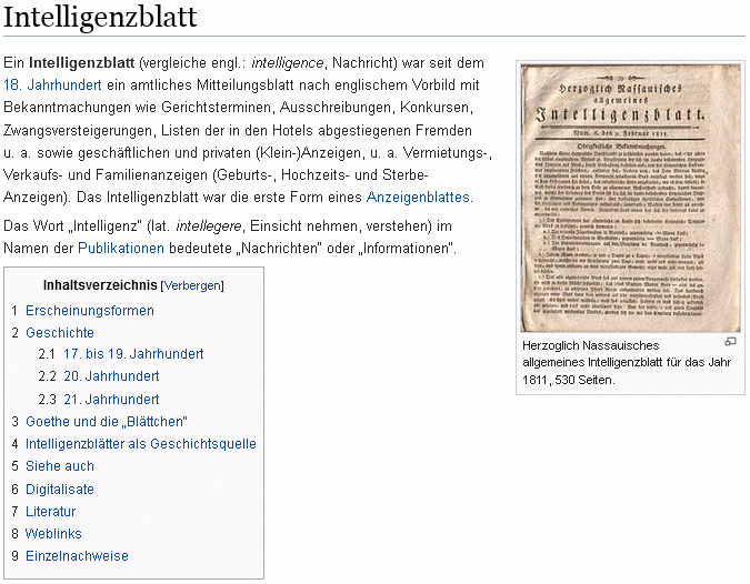 Pojem Intelligenzblatt je v němčině natolik významný, že se mu věnuje Wikipedia i s odkazem na Goethova Fausta (klikněte na náhled)