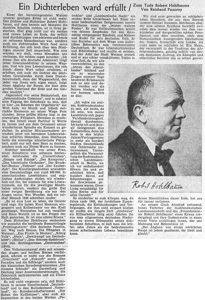 Nekrolog v Sudetendeutsche Zeitung v únoru 1955 napsal Reinhard Pozorny