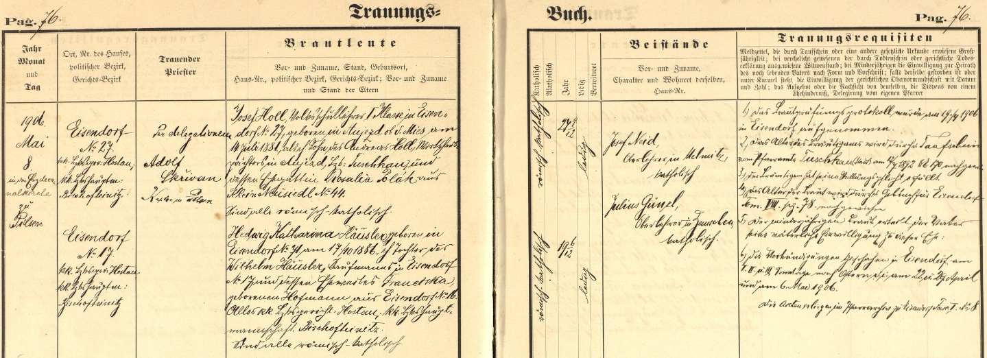 Záznam o svatbě rodičů v eisendorfské knize oddaných