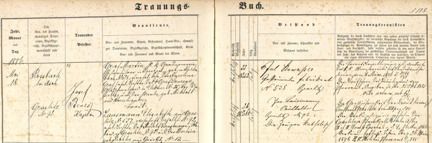 Záznam kraslické oddací matriky o svatbě matčiných rodičů 18. května 1886, tři roky po jejím narození