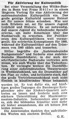 Referát z dubna 1954 v ústředním listě vyhnaných krajanů o jeho přednášce na akci sdružení Witiko-Bund ve spolkovém hlavním městě Bonnu ke kulturní práci vyhnanců