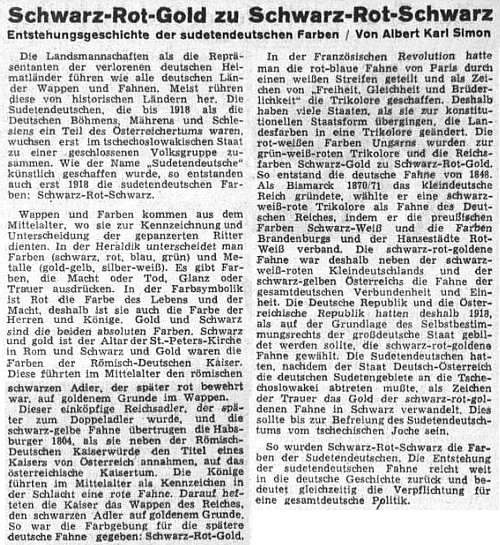 O sudetoněmeckých barvách se rozepsal podrobněji s historickým výkladem v roce 1955 Albert Karl Simon na stránkách ústředního listu vyhnaných krajanů