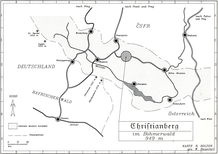 Mapka s polohou Křišťanova doslova "vprostřed" Šumavy a v nadmořské výšce 949 m, jejímž autorem je Rudolf Holzer mladší 