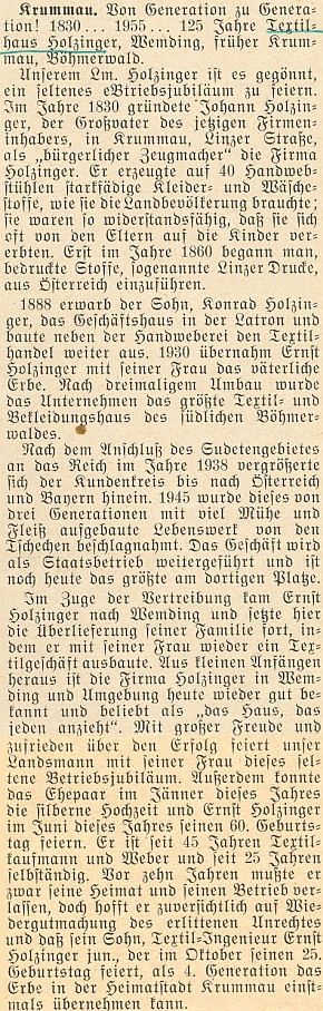 Článek ke 125. jubileu (1830-1955) Holzingerova "domu látek" ve švábském Wemdingu, původně v Českém Krumlově