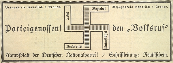 Ve sborníku k 50. jubileu českokrumlovského Turnsvereinu (1874-1924) do něhož jako "Bezirksturnwart" rovněž přispěl, se v inzertní části objevil tento zlověstný symbol nadcházející německé katastrofy