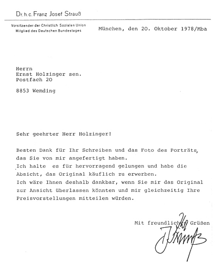 Dopis předsedy CSU Franze Josefa Strausse se žádostí o zaslání portrétu, který mu Holzinger nabídl