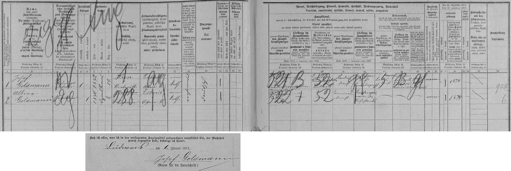 Tady je Josef Goldmann (*29. listopadu 1852 ve Vídni) zapsán vlastní rukou na archu sčítání lidu z roku 1910 pro dům čp. 35 v dnešní ulici Bedřicha Smetany (tehdy Schmeykalgasse) se svou ženou Albinou (*8. prosince 1856 v Děčíně) - Budějovice jsou tu psány jako zemsky příslušné k "rakouskému státu" (Budweis - Österr. St.)