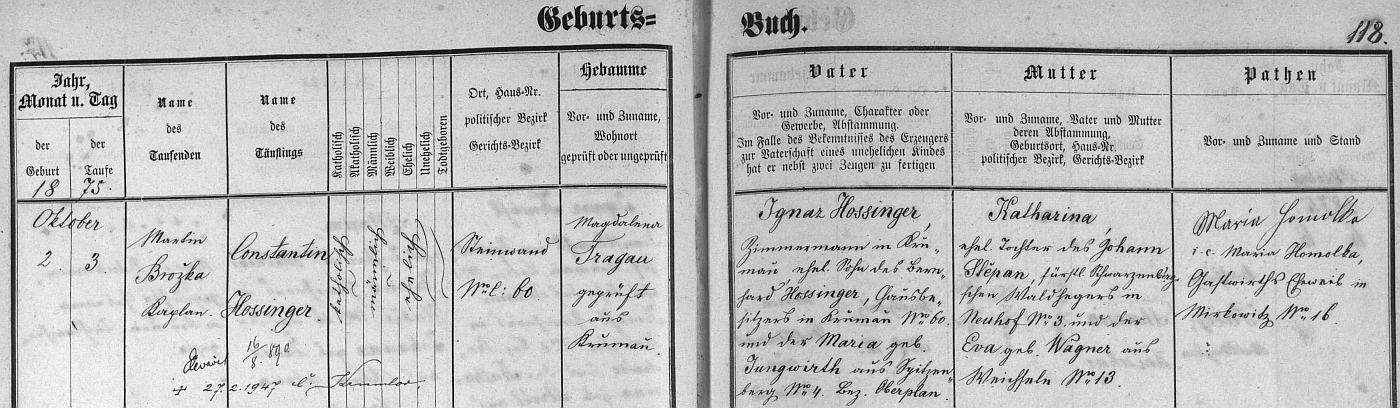 Záznam o jeho narození v českokrumlovské matrice s přípisem o úmrtí