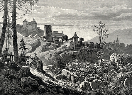 Vimperk na ilustraci Karla Liebschera z konce 19. století pro Ottovu edici Čechy