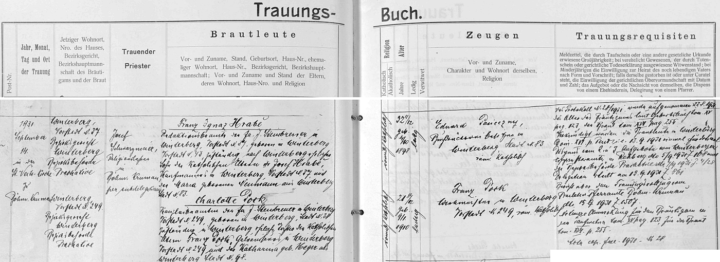 Záznam o svatbě Hrabětovy s Charlottou Pockovou dne 14. září roku 1931 - ženichovi bylo 33 let a za 4&nbsp;roky se mu měl narodit syn, který si po své prabábě nepochybně rozšířil příjmení po otci na "Hrabě de Angelis"
