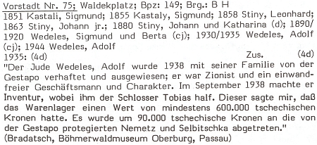 Popis jednoho z domů na někdejším vimperském Waldekově náměstí zachycuje s odvoláním na informaci Josefa Bradatsche pro Šumavské muzeum v Pasově osud Adolfa Wedelese, syna představitele zdejší židovské obce Simona Wedelese (viz i Josef Rammel)