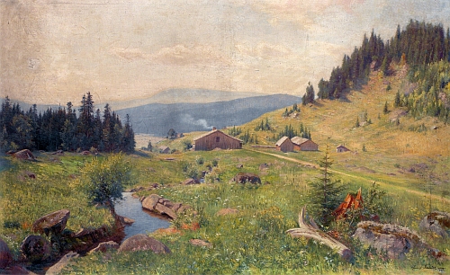 Obraz Emericha Fechtera (1854-1912) Uhlíkovské údolí s Plešným jezerem (1902) je součástí sbírek Národní galerie v Praze