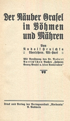 Titulní list jeho knihy o lupiči "Grázlovi" (Moldavia České Budějovice, 1933)