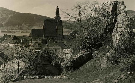 Prachatice od Skalky na pohlednici Franze Seidela