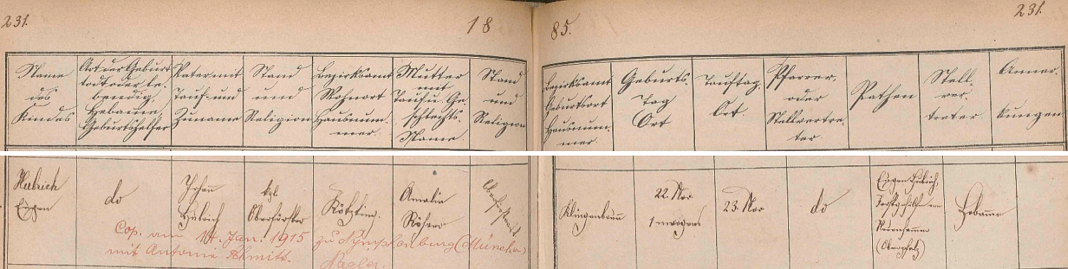 Záznam o jeho narození v křestní matrice farní obce Kötzting s přípisem o svatbě