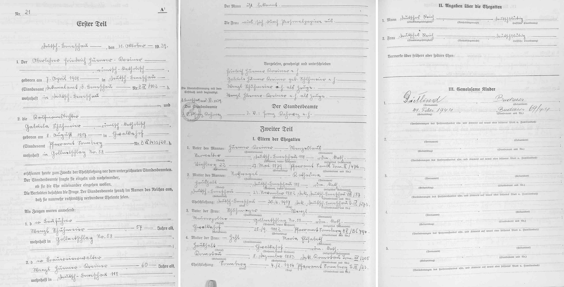 Tři stránky stavovské matriky z tehdejšího Německého Benešova zaznamenávají jeho zdejší svatbu v říjnu roku 1939