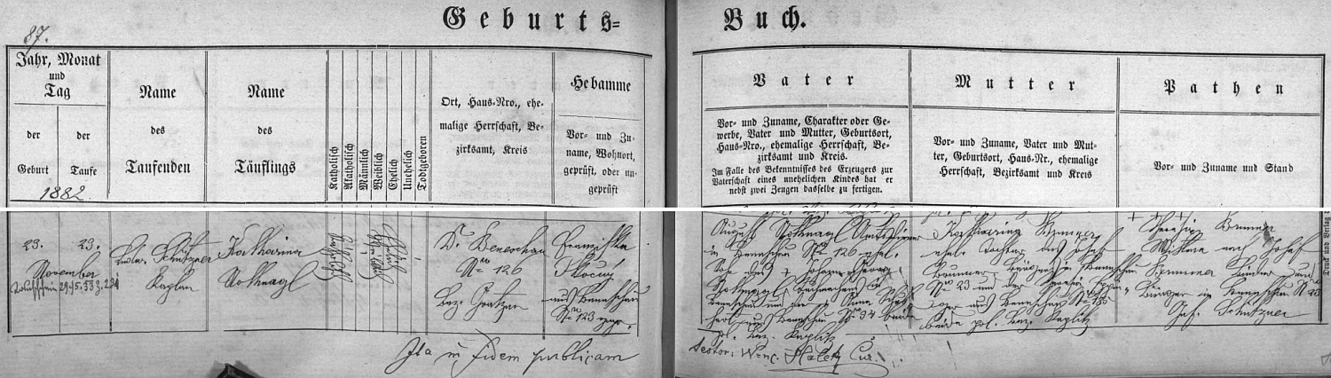 Záznam o narození matčině 23. listopadu 1882 v Německém Benešově čp. 126 (dnešní obecní úřad) v rodině úředního sluhy (Amtsdiener) Augusta Nothnagla a jeho ženy Kathariny, roz. Brunnerové