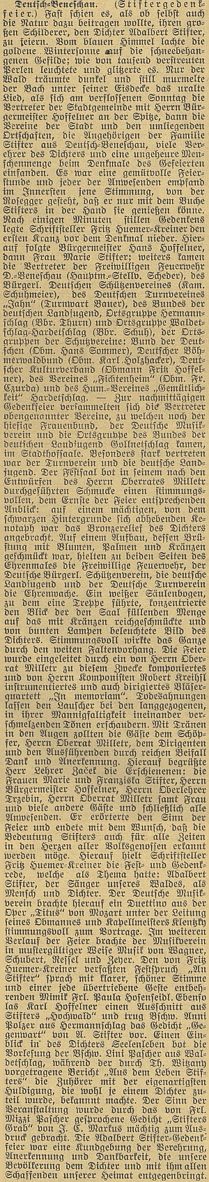 Obsáhlý článek českobudějovického německého listu o této slavnosti, konané v lednu roku 1938 mj. za účasti Marie a Franzisky Stifterových