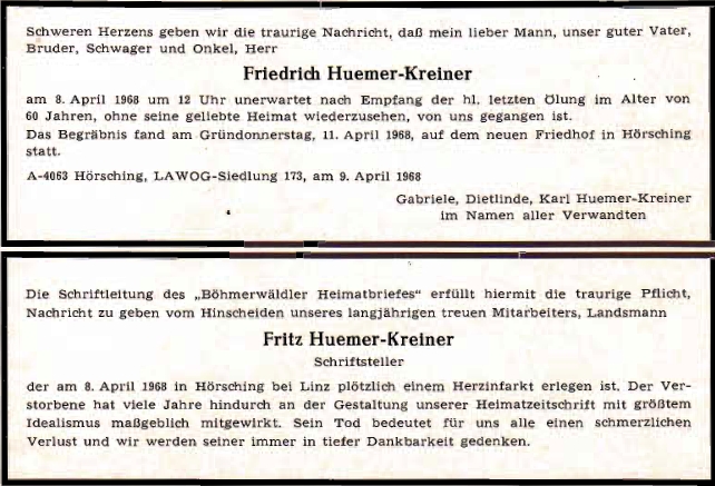 Dvojí parte, to první od rodiny s pozůstalou manželkou, dcerou a mladším bratrem, to druhé od redakce krajanského měsíčníku