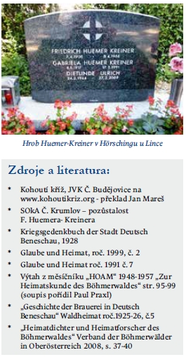 Fotografie hrobu v Hörschingu u Lince na závěr jeho hesla v historické expozici Benešova nad Černou - seznam literatury pod ním na prvním místě uvádí Kohoutí kříž