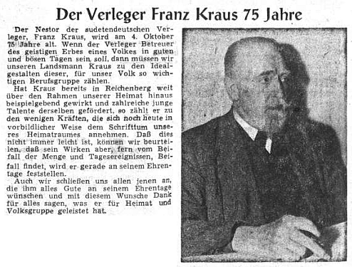 Medailon nakladatele Franze Krause na stránkách ústředního listu
vyhnaných krajanů v září 1954 u příležitosti jeho 75. narozenin