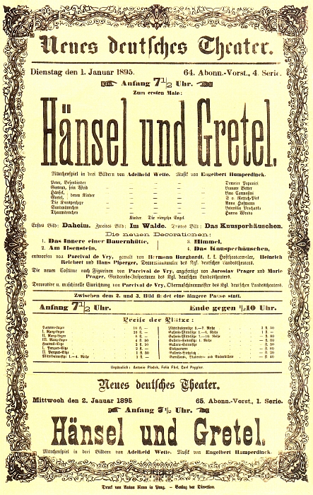 Plakát k pražské premiéře (1895) Humperdinkovy opery s jejím libretem