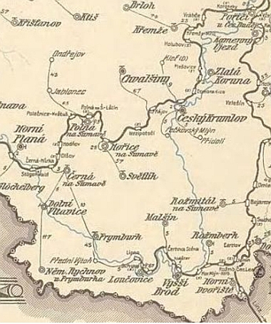 Ktiš a Křišťanov na výřezu z Mapy poštovních spojů z dvacátých let 20. století