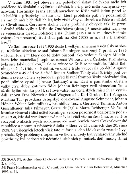 Tato strana knihy o Ktiši uvádí příjmení Hundsnurscher hned dvakrát: ve zmínce o ktišském hospodském a v poznámkách jako odkaz na autora knihy"Chronik der Gemeinde Tisch im Böhmerwald", vydané v Mnichově roku 1995